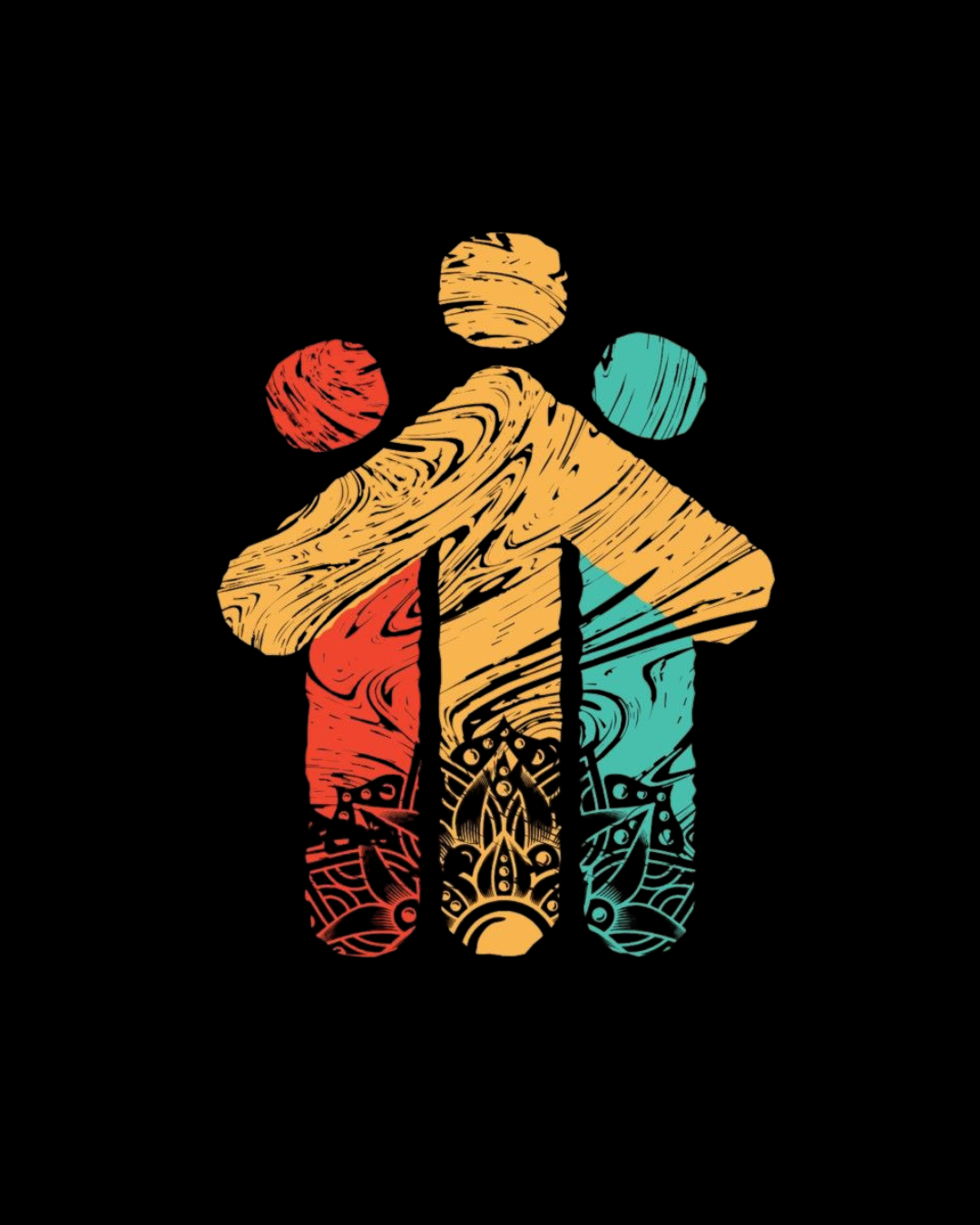 Don Bosco acompañado por tres jóvenes, ilustrados con los colores amarillo, rojo y turquesa